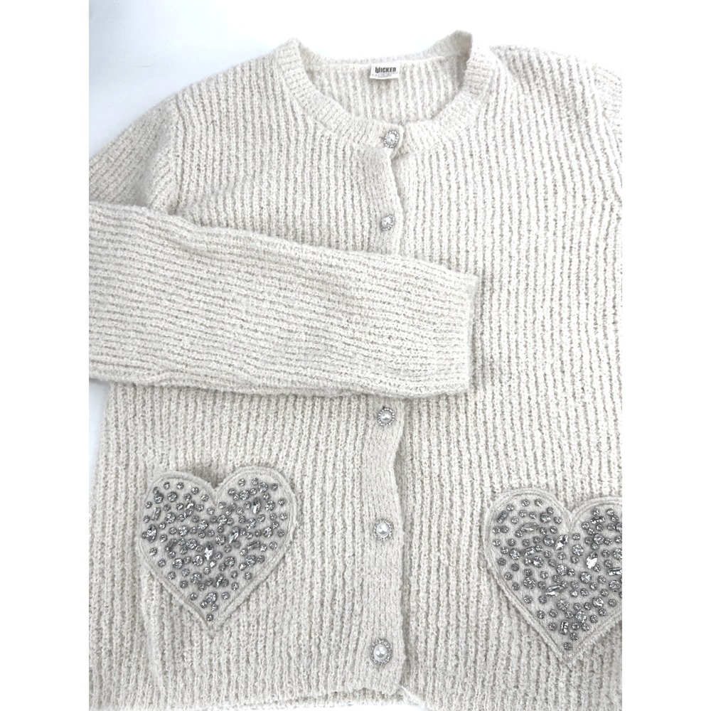 Women's Wicked Katie Kime Cream Rhinestone Embellished Heart Cardigan Sweater XL